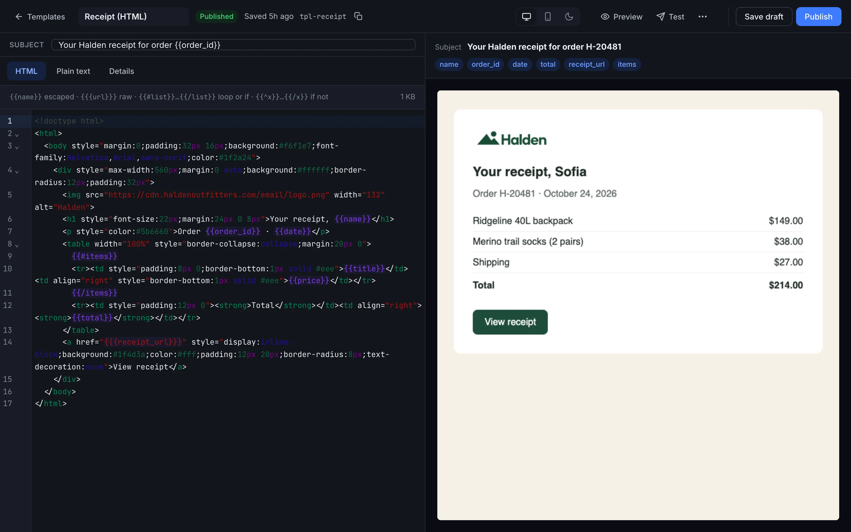 The code editor: a receipt template in HTML on the left and its live preview with sample data on the right