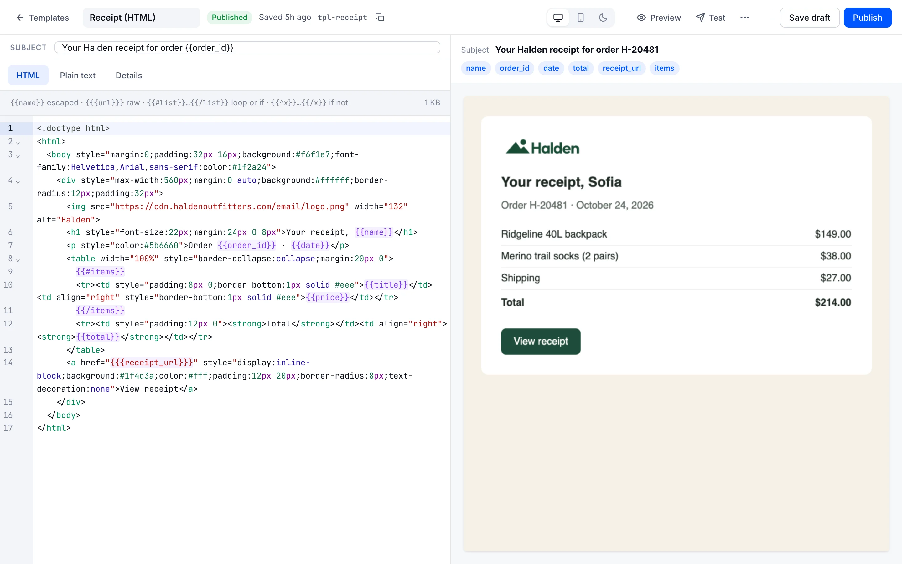 The code editor: a receipt template in HTML on the left and its live preview with sample data on the right