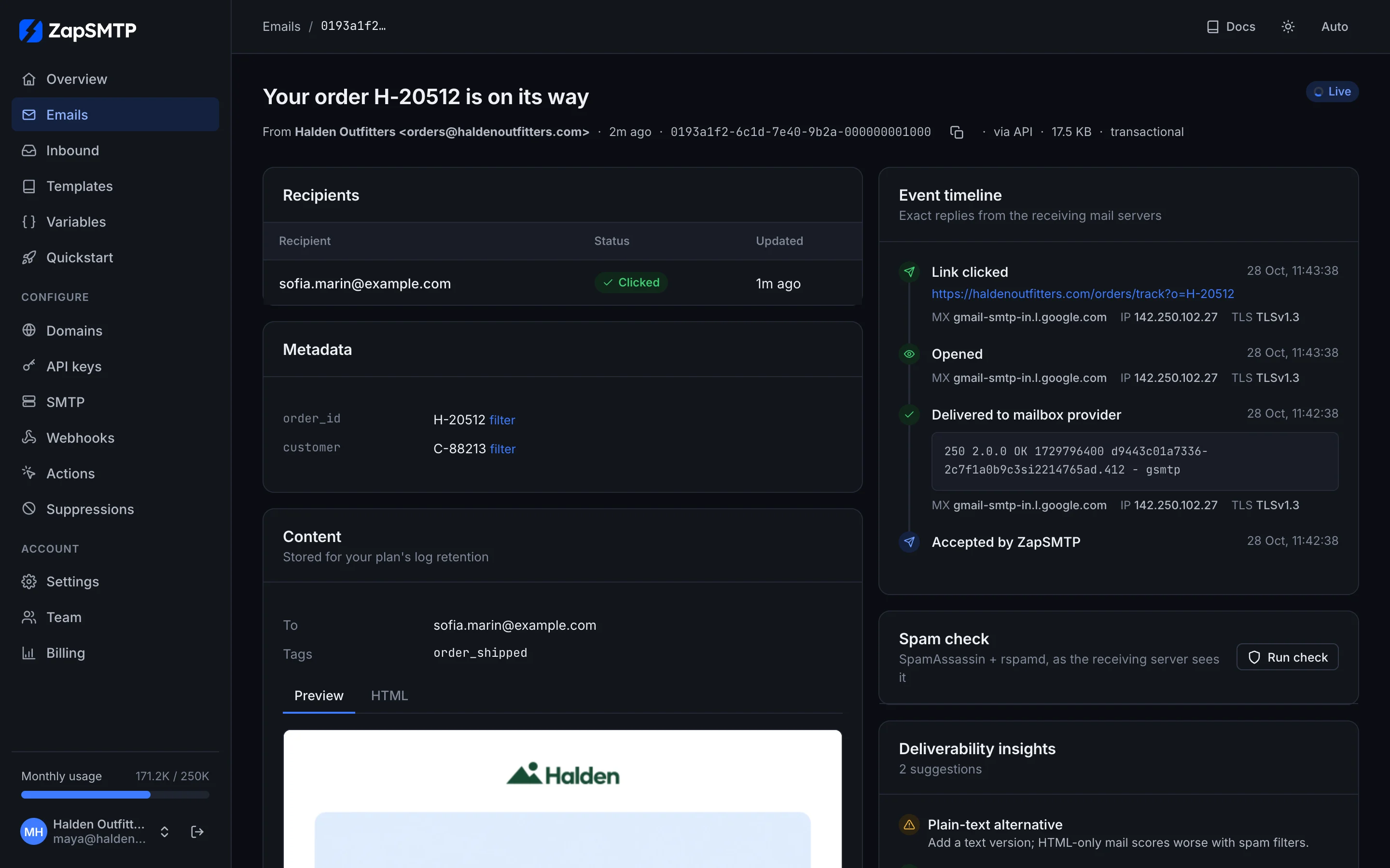 An email's page: recipients, metadata, a rendered preview and an event timeline from acceptance to delivery, open and click