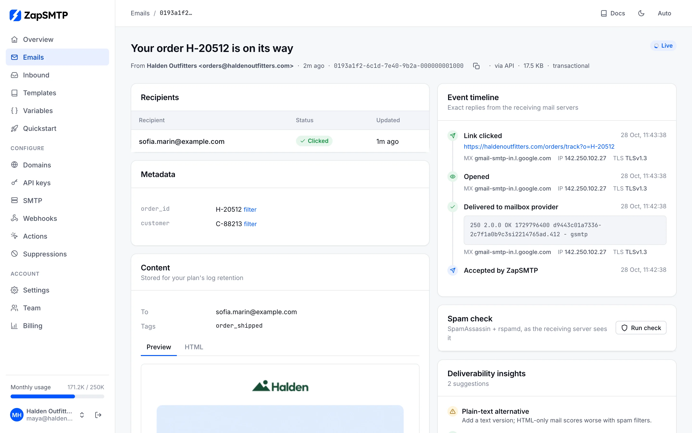 An email's page: recipients, metadata, a rendered preview and an event timeline from acceptance to delivery, open and click