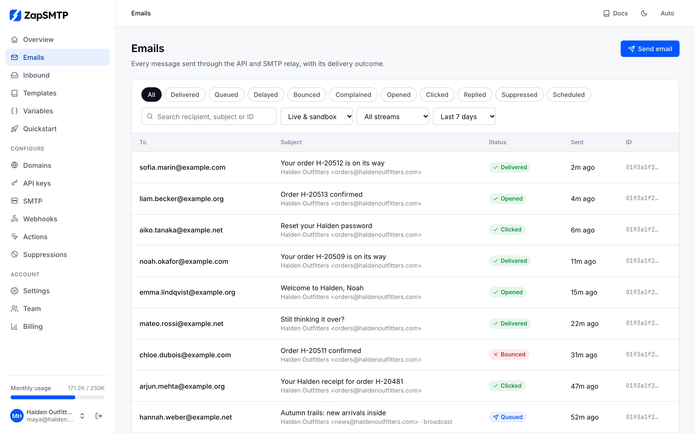 The Emails list with recipients, subjects, statuses such as Delivered, Opened, Clicked and Bounced, and send times