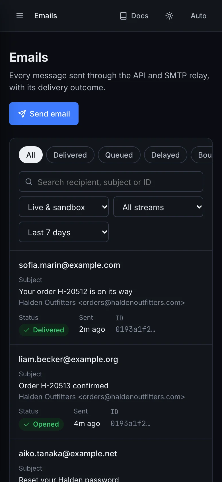 The Emails list on a phone, each message a card with its status