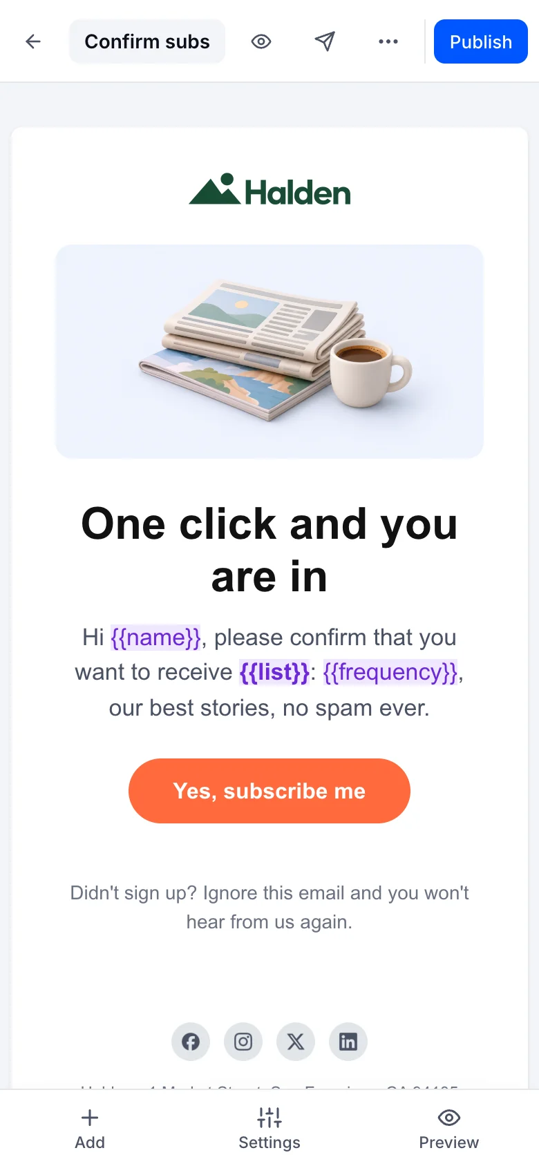The visual editor on a phone with Halden’s subscription confirmation open, its variables highlighted.